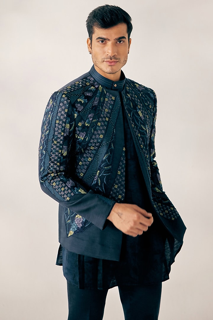 Teal Blue Embroidered Groom Indowestern Jacket With Marble Dye Kurta Set by Jatin Malik at Pernia's Pop Up Shop