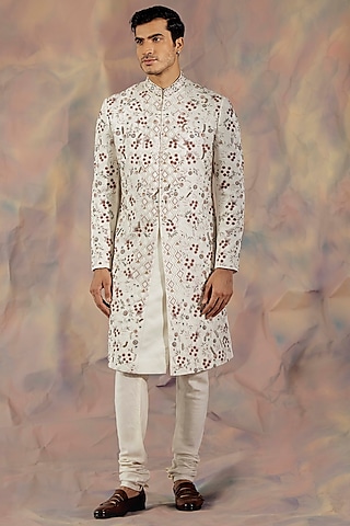 Ivory Embroidered Sherwani Set by Jatin Malik
