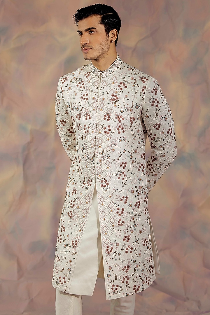 Ivory Embroidered Groom Sherwani Set by Jatin Malik at Pernia's Pop Up Shop
