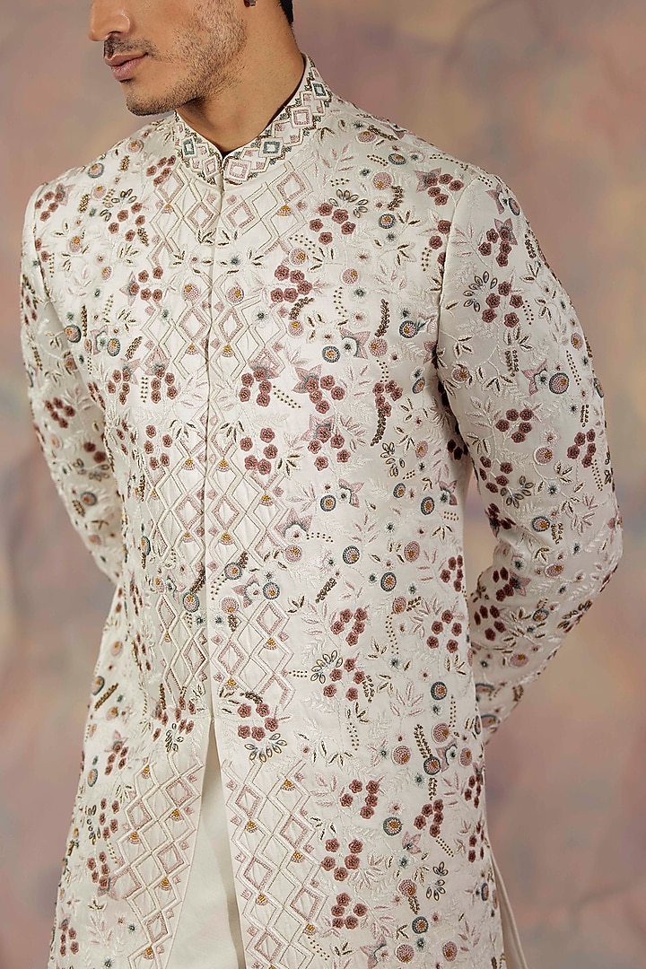 Ivory Embroidered Groom Sherwani Set by Jatin Malik at Pernia's Pop Up Shop