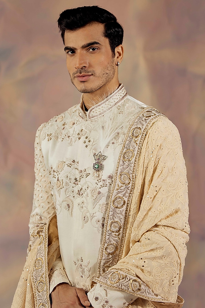 Ivory Linen Silk Applique Floral Hand Embroidered Groom Sherwani Set by Jatin Malik at Pernia's Pop Up Shop