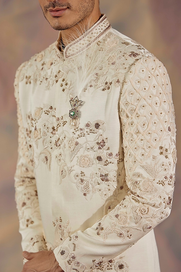 Ivory Linen Silk Applique Floral Hand Embroidered Groom Sherwani Set by Jatin Malik at Pernia's Pop Up Shop