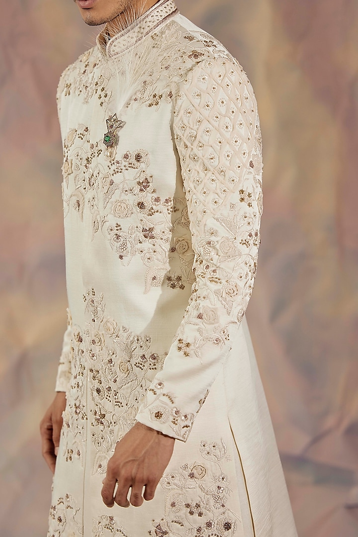 Ivory Linen Silk Applique Floral Hand Embroidered Groom Sherwani Set by Jatin Malik at Pernia's Pop Up Shop