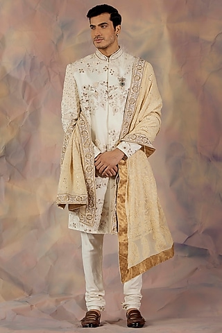 Dirty Ivory Embroidered Sherwani Set by Jatin Malik