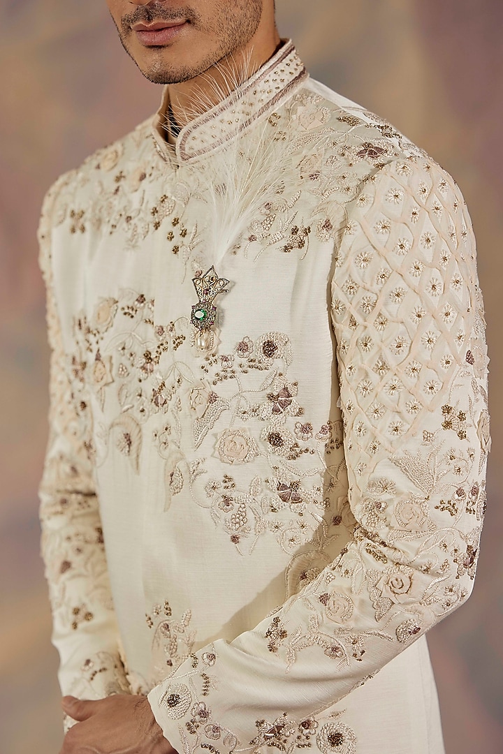 Dirty Ivory Embroidered Groom Sherwani Set by Jatin Malik at Pernia's Pop Up Shop