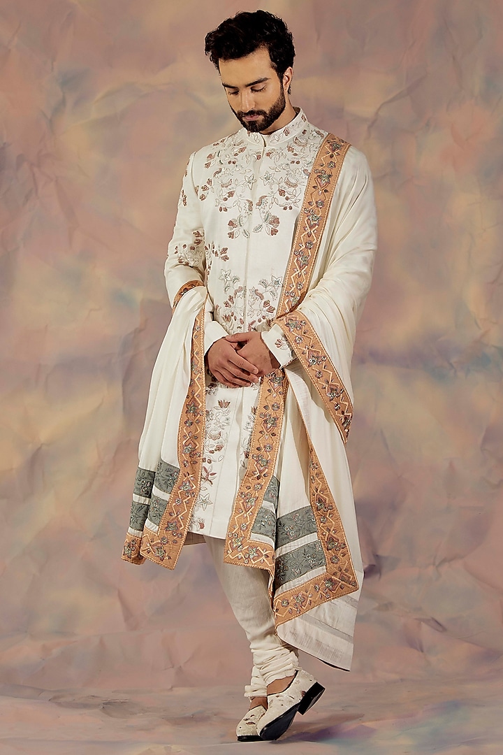 White Linen Silk Embroidered Sherwani Set by Jatin Malik