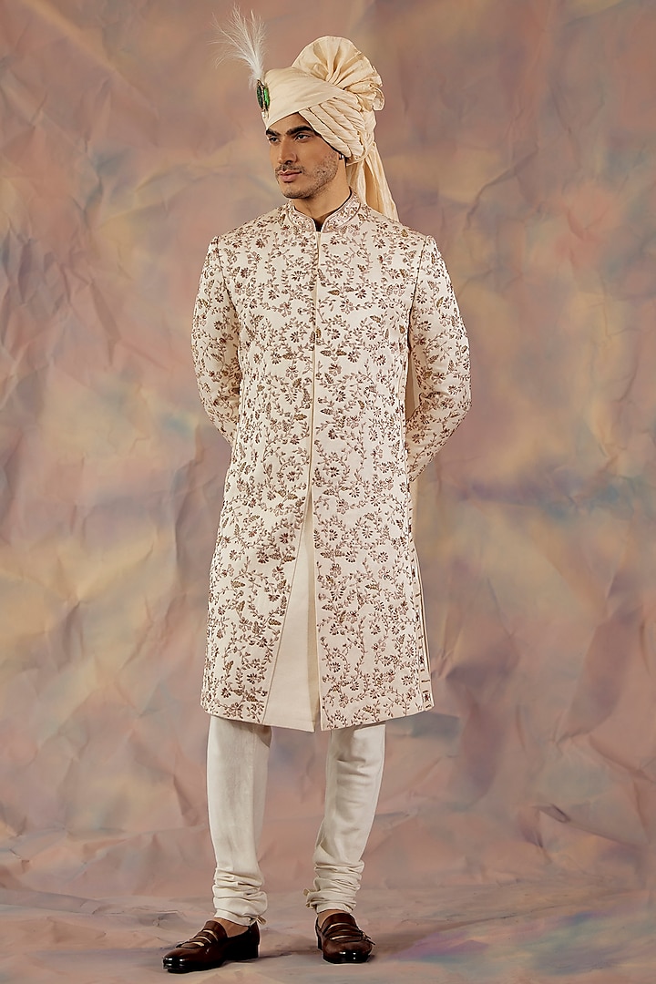Off-White Embroidered Sherwani Set by Jatin Malik