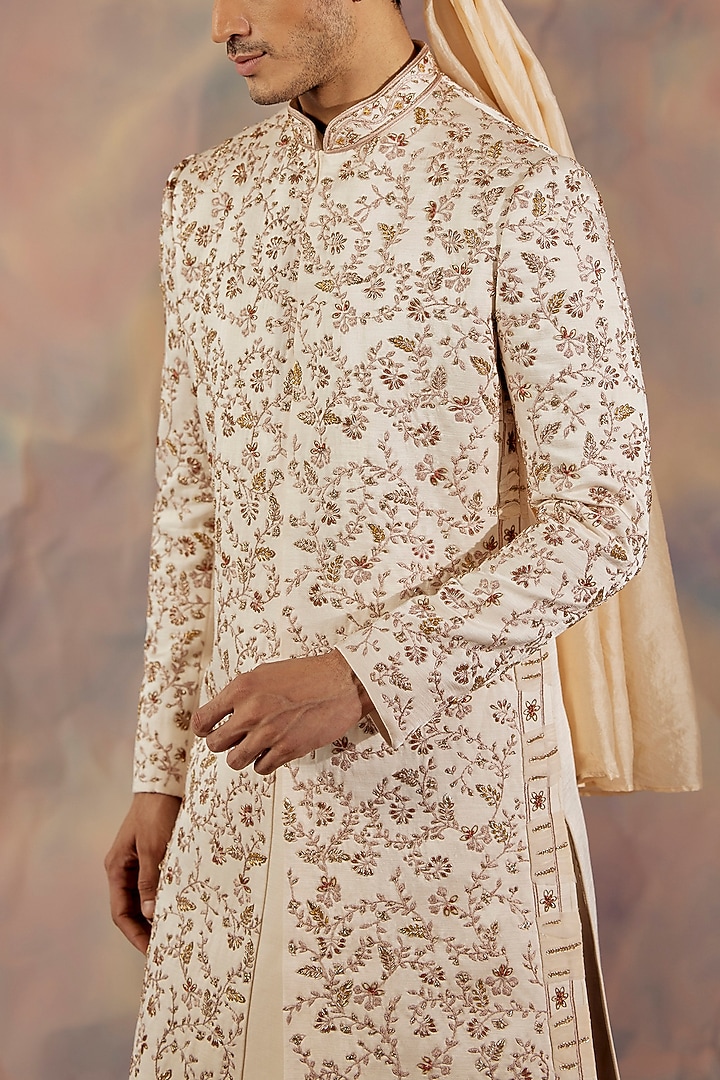 Off-White Linen Silk Cord Hand Embroidered Groom Sherwani Set by Jatin Malik at Pernia's Pop Up Shop