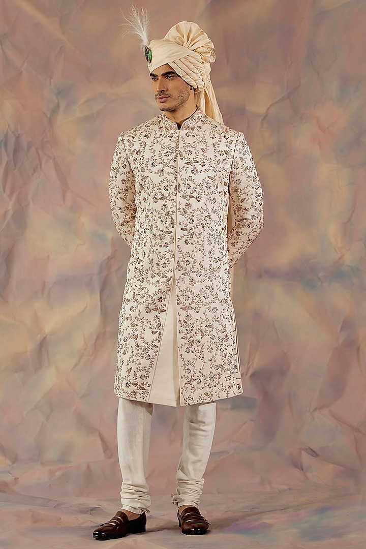 Off-White Linen Silk Embroidered Sherwani Set by Jatin Malik