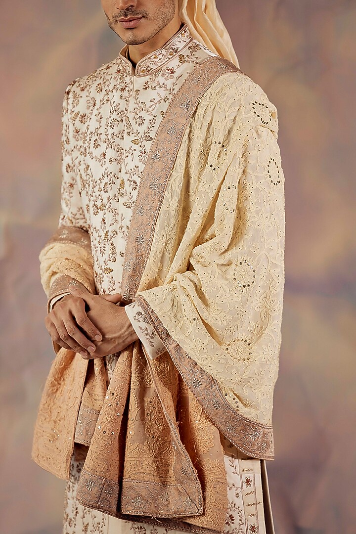 Off-White Linen Silk Hand Embroidered Groom Sherwani Set by Jatin Malik at Pernia's Pop Up Shop