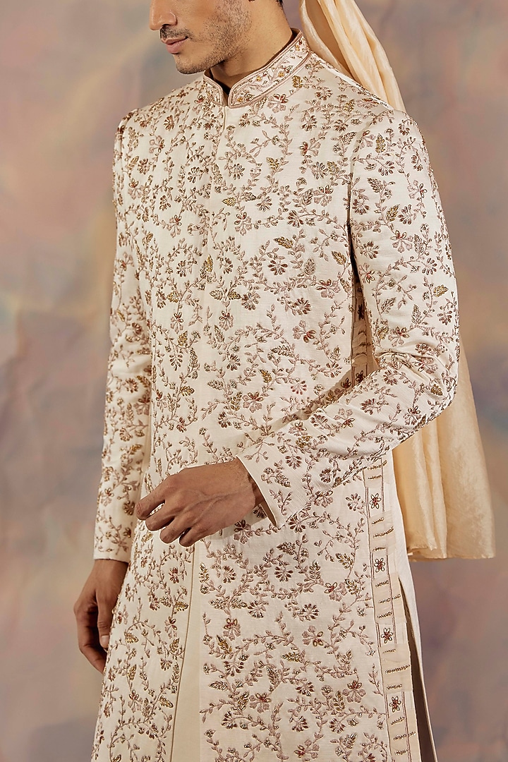 Off-White Linen Silk Hand Embroidered Groom Sherwani Set by Jatin Malik at Pernia's Pop Up Shop