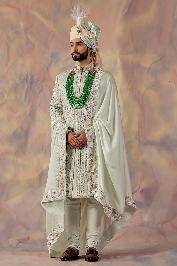 Hazy Blue Linen Silk Sherwani Set by Jatin Malik