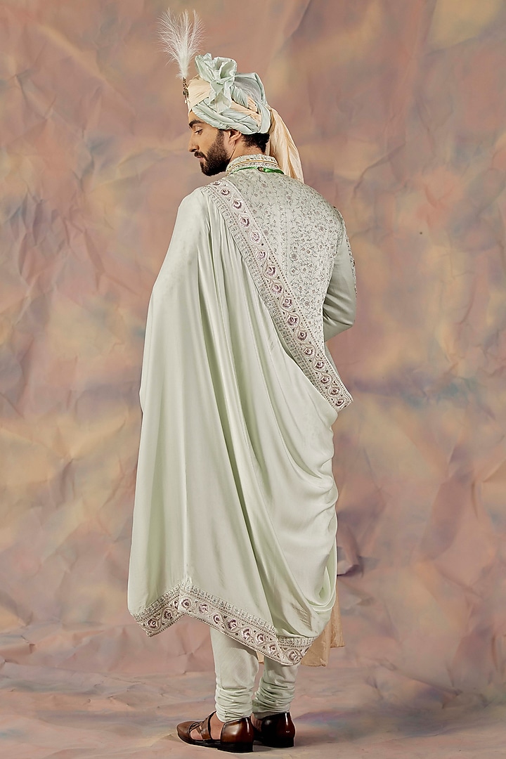 Hazy Blue Linen Silk Groom Sherwani Set by Jatin Malik at Pernia's Pop Up Shop