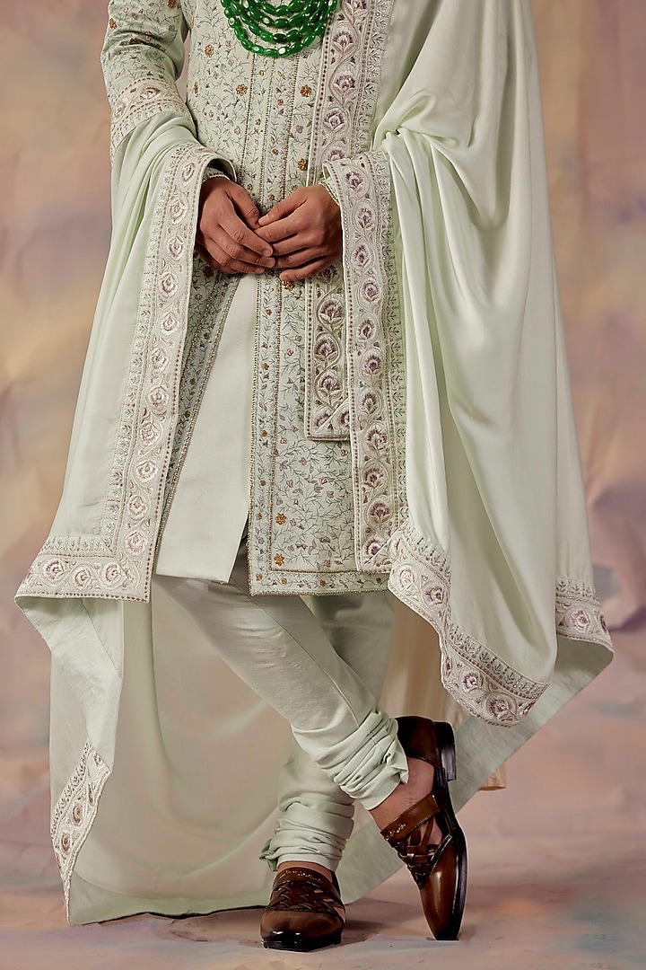 Hazy Blue Linen Silk Groom Sherwani Set by Jatin Malik at Pernia's Pop Up Shop