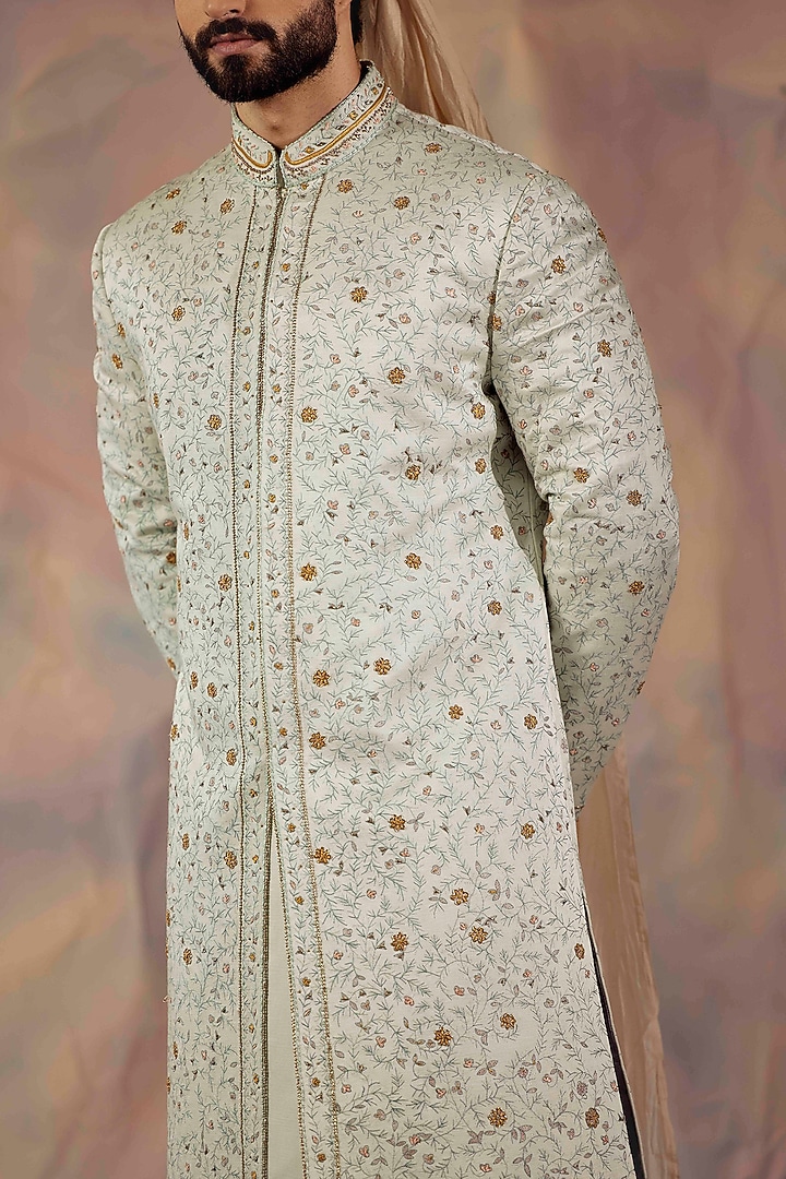 Hazy Blue Linen Silk Groom Sherwani Set by Jatin Malik at Pernia's Pop Up Shop