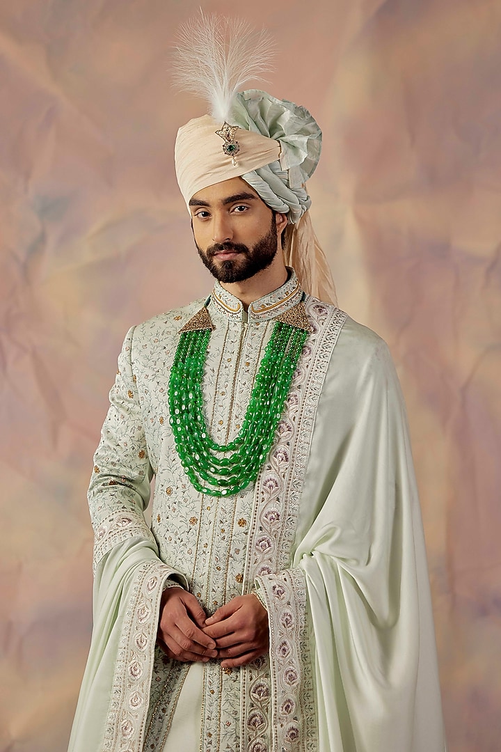 Hazy Blue Linen Silk Groom Sherwani Set by Jatin Malik at Pernia's Pop Up Shop