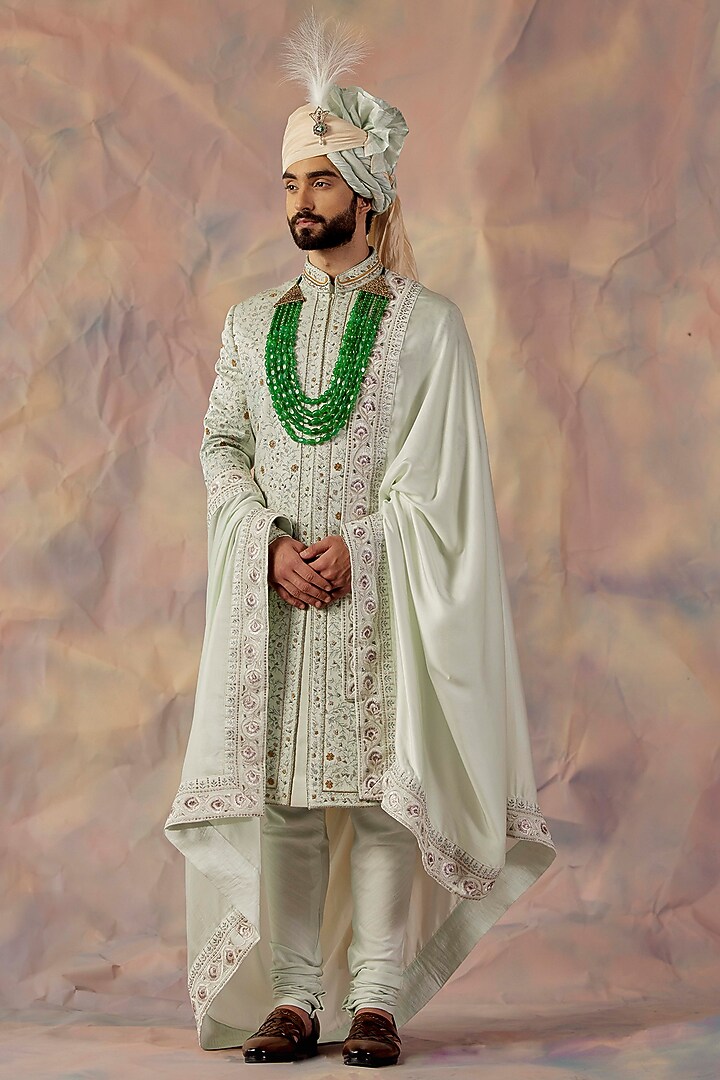 Hazy Blue Linen Silk Groom Sherwani Set by Jatin Malik at Pernia's Pop Up Shop