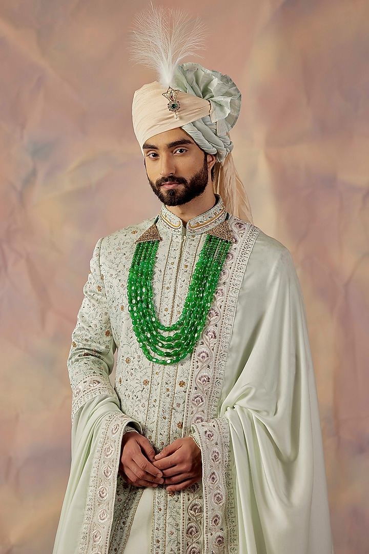 Hazy Blue Linen Silk Groom Sherwani Set by Jatin Malik at Pernia's Pop Up Shop