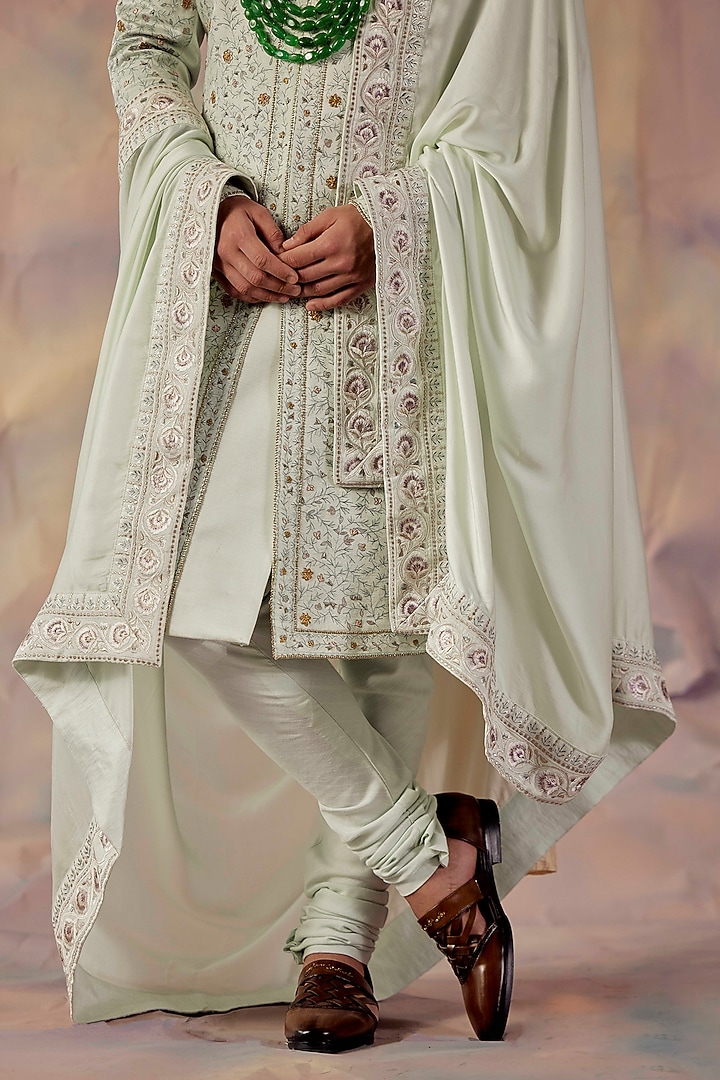 Hazy Blue Linen Silk Groom Sherwani Set by Jatin Malik at Pernia's Pop Up Shop