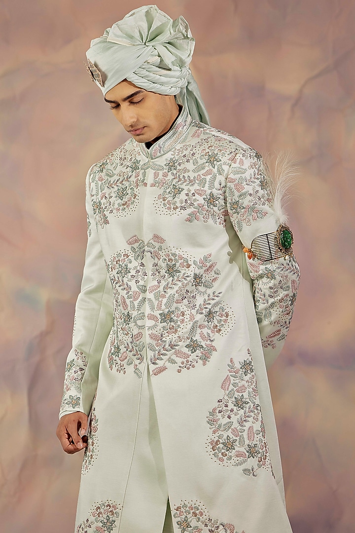 Hazy Blue Linen Silk Hand Embroidered Groom Sherwani Set by Jatin Malik at Pernia's Pop Up Shop