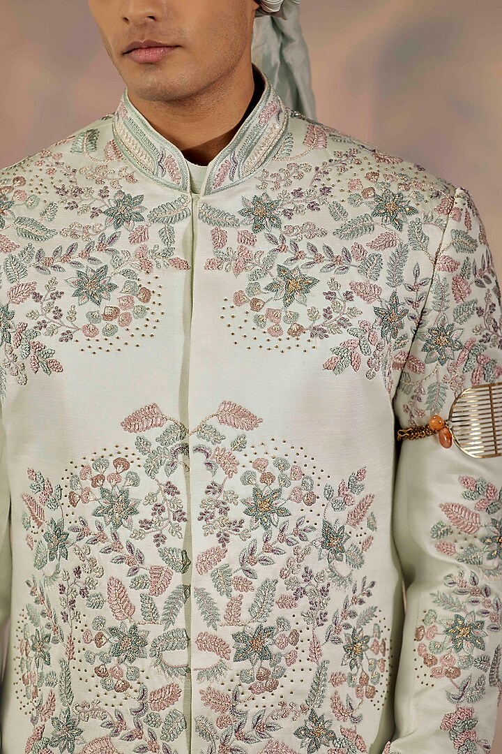 Hazy Blue Linen Silk Hand Embroidered Groom Sherwani Set by Jatin Malik at Pernia's Pop Up Shop