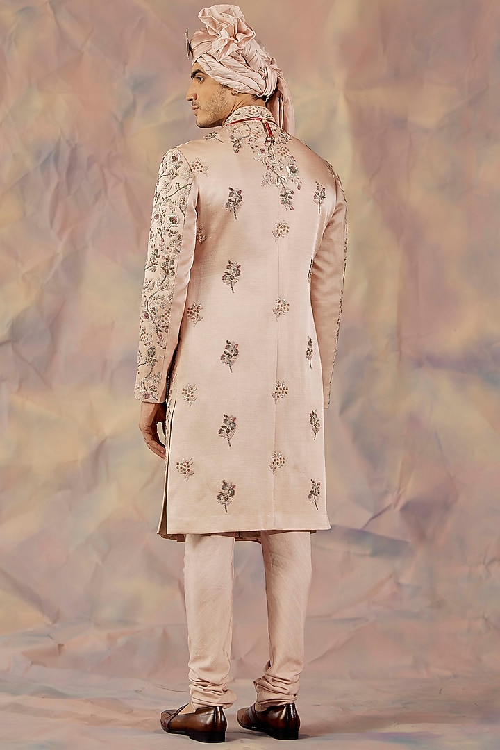 Blush Pink Linen Silk Embroidered Groom Sherwani Set by Jatin Malik at Pernia's Pop Up Shop