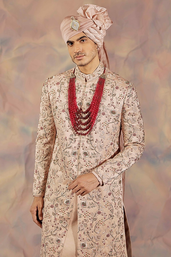 Blush Pink Linen Silk Embroidered Groom Sherwani Set by Jatin Malik at Pernia's Pop Up Shop