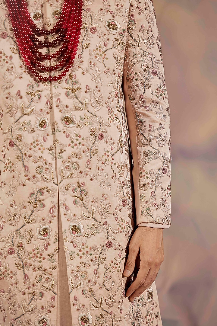 Blush Pink Linen Silk Embroidered Groom Sherwani Set by Jatin Malik at Pernia's Pop Up Shop