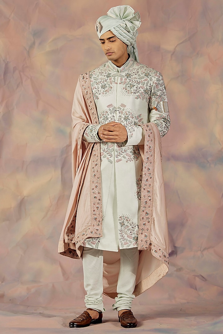 Hazy Blue Embroidered Sherwani Set by Jatin Malik