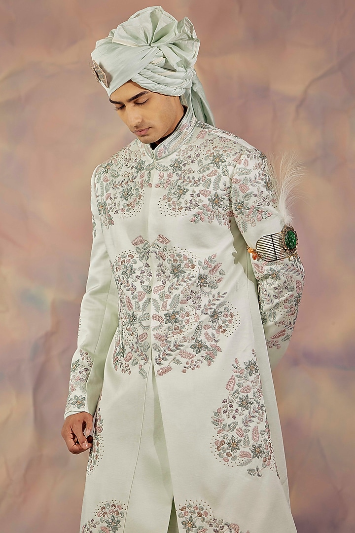 Hazy Blue Linen Silk Embroidered Groom Sherwani Set by Jatin Malik at Pernia's Pop Up Shop
