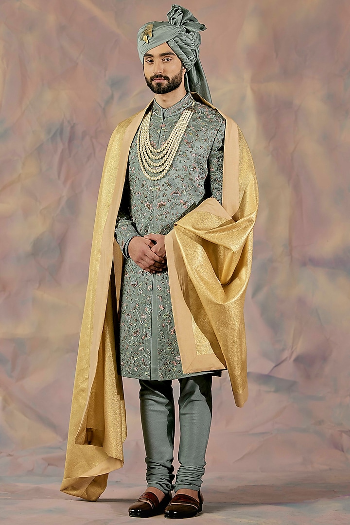Chateau Grey Linen Embroidered Sherwani Set by Jatin Malik