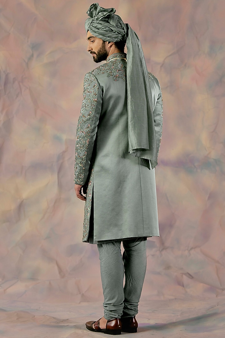 Chateau Grey Linen Silk Hand Embroidered Groom Sherwani Set by Jatin Malik at Pernia's Pop Up Shop