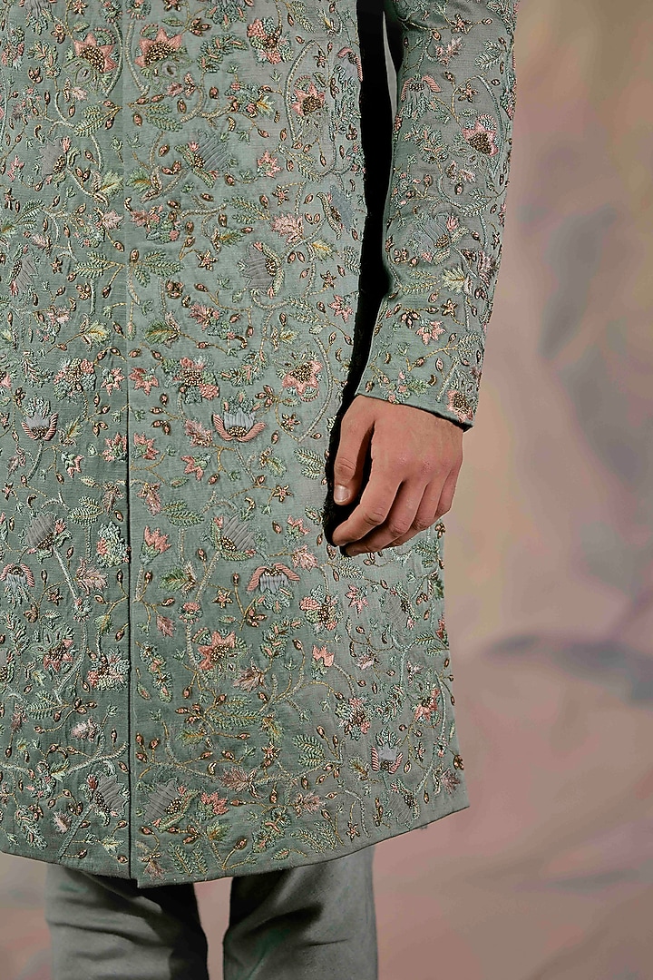 Chateau Grey Linen Silk Hand Embroidered Groom Sherwani Set by Jatin Malik at Pernia's Pop Up Shop