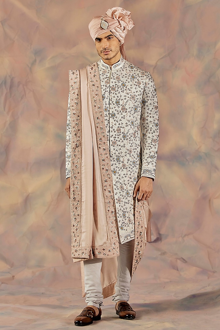 Silver Embroidered Sherwani Set by Jatin Malik