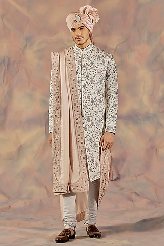 Silver Linen Silk Hand Embroidered Sherwani Set by Jatin Malik