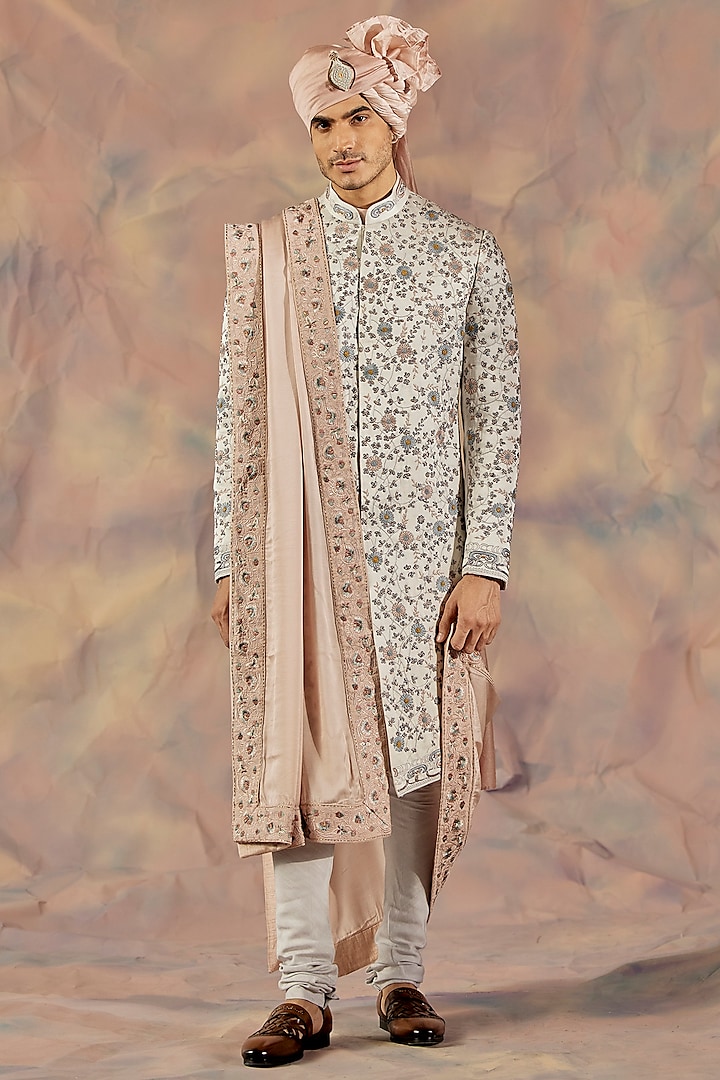 Silver Linen Silk Embroidered Sherwani Set by Jatin Malik