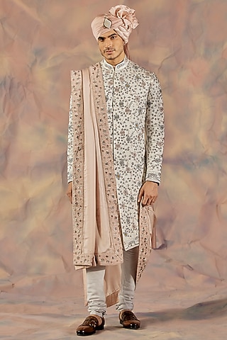 Silver Linen Silk Hand Embroidered Sherwani Set by Jatin Malik