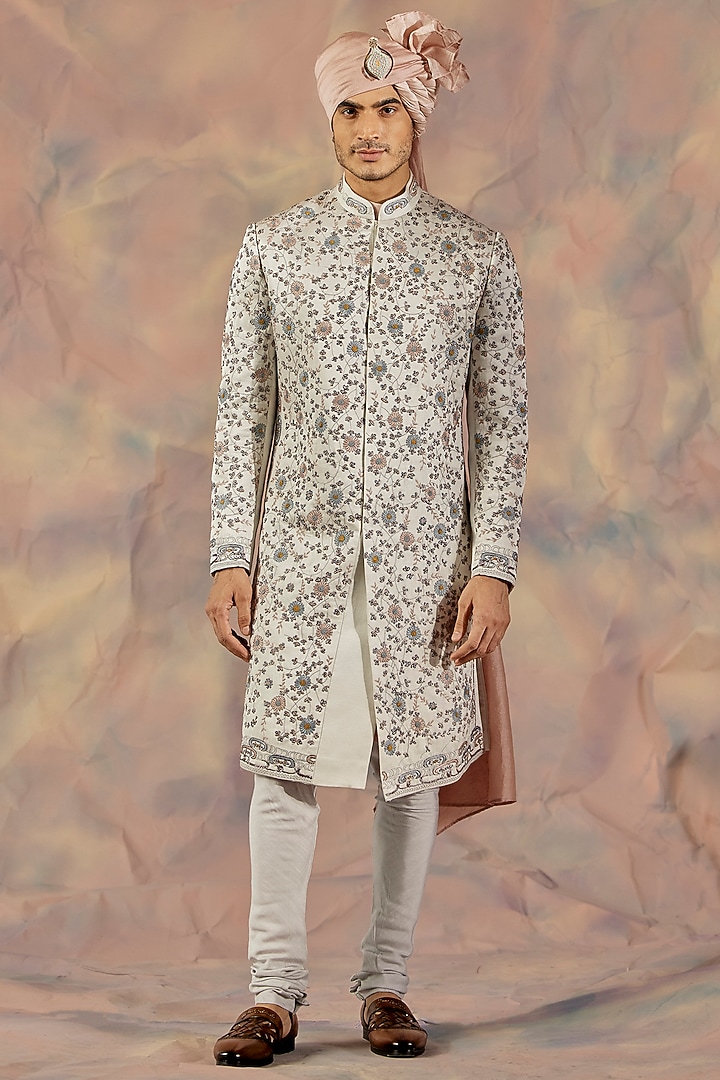 Silver Linen Silk Hand Embroidered Groom Sherwani Set by Jatin Malik at Pernia's Pop Up Shop
