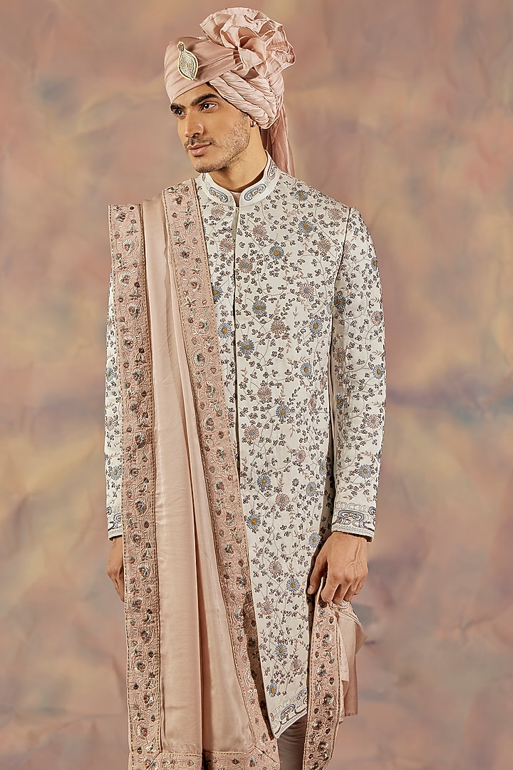 Silver Linen Silk Hand Embroidered Groom Sherwani Set by Jatin Malik at Pernia's Pop Up Shop