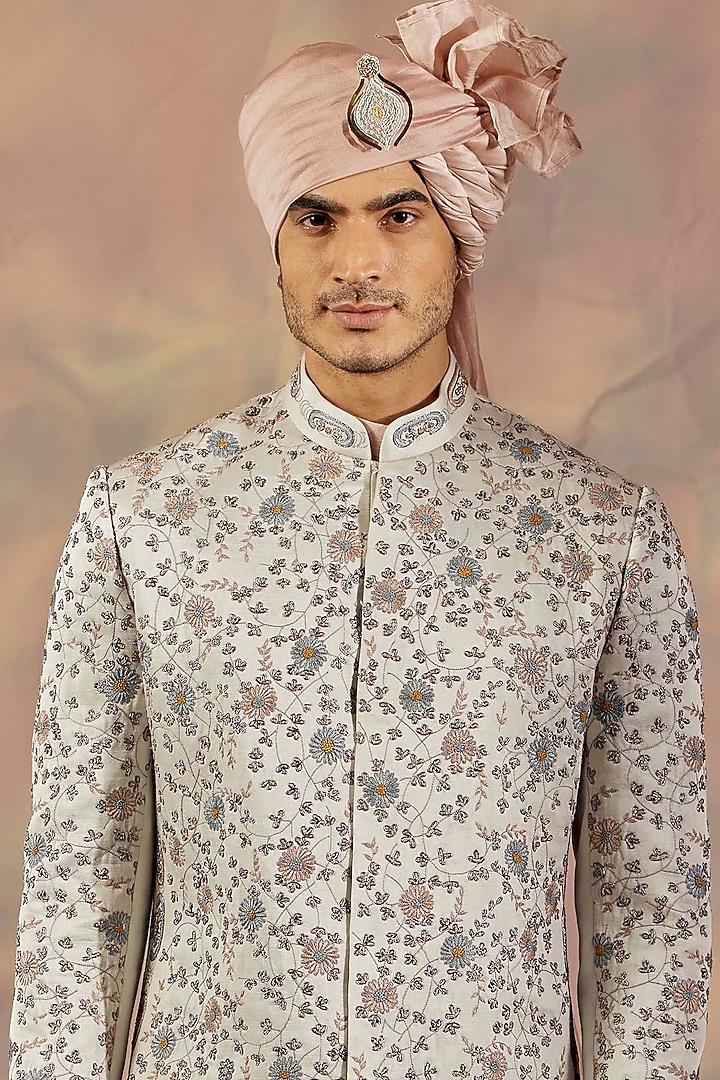 Silver Linen Silk Hand Embroidered Groom Sherwani Set by Jatin Malik at Pernia's Pop Up Shop