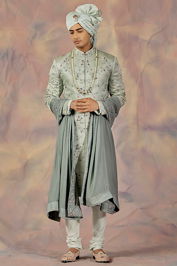 Duckegg Green Linen Silk Hand Embroidered Groom Sherwani Set by Jatin Malik at Pernia's Pop Up Shop