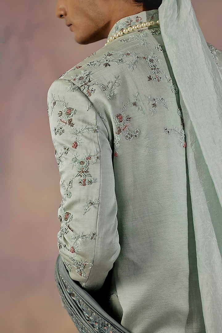 Duckegg Green Linen Silk Hand Embroidered Groom Sherwani Set by Jatin Malik at Pernia's Pop Up Shop