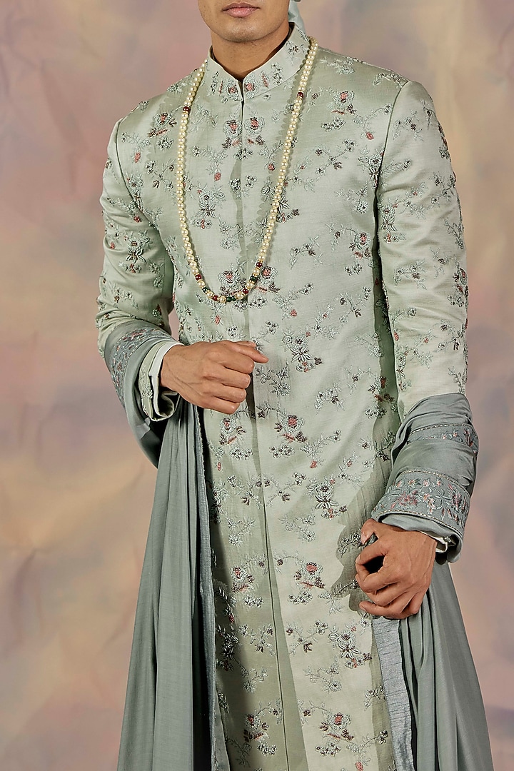 Duckegg Green Linen Silk Hand Embroidered Groom Sherwani Set by Jatin Malik at Pernia's Pop Up Shop