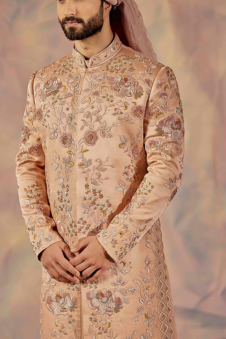 Champagne Slub Silk Hand Embroidered Groom Sherwani Set by Jatin Malik at Pernia's Pop Up Shop