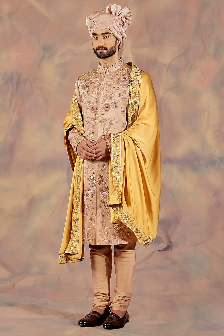 Champagne Silk Embroidered Sherwani Set by Jatin Malik