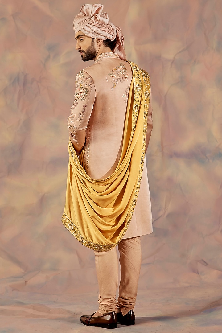 Champagne Slub Silk Hand Embroidered Groom Sherwani Set by Jatin Malik at Pernia's Pop Up Shop