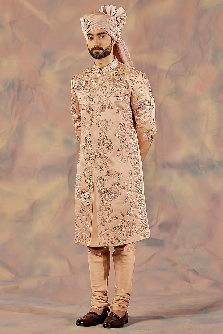 Champagne Slub Silk Hand Embroidered Groom Sherwani Set by Jatin Malik at Pernia's Pop Up Shop