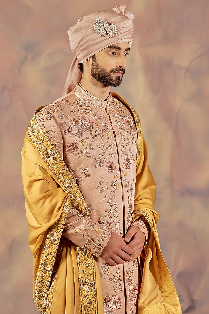 Champagne Slub Silk Hand Embroidered Groom Sherwani Set by Jatin Malik at Pernia's Pop Up Shop
