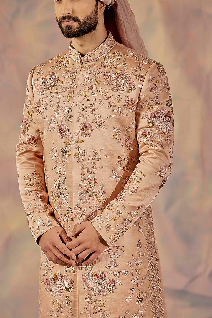 Champagne Slub Silk Hand Embroidered Groom Sherwani Set by Jatin Malik at Pernia's Pop Up Shop