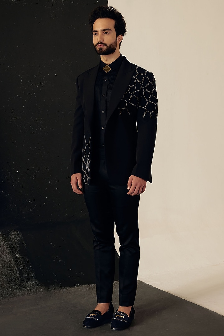 Black Crepe Tuxedo Set by Jatin Malik at Pernia's Pop Up Shop